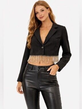 Size L Cropped Black Blazer AND matching Crop Both With Jewel Fringe Trim